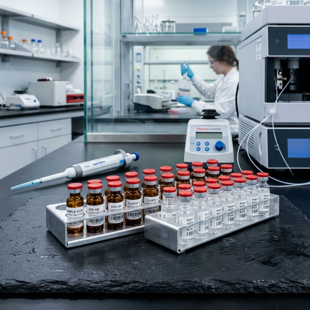Laboratuvar ortamında numune flakonları ve analiz cihazları
